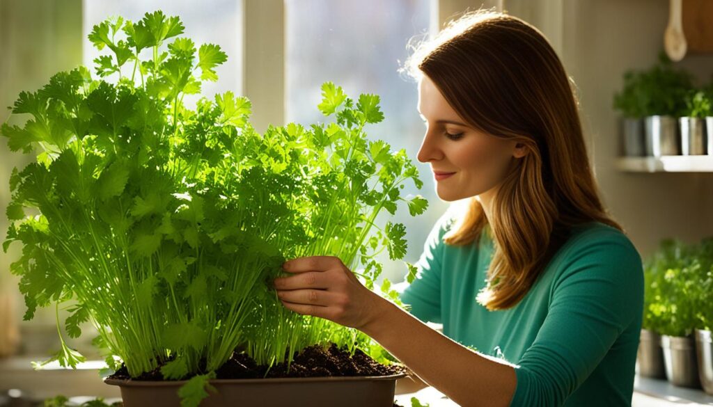 harvesting coriander leaves