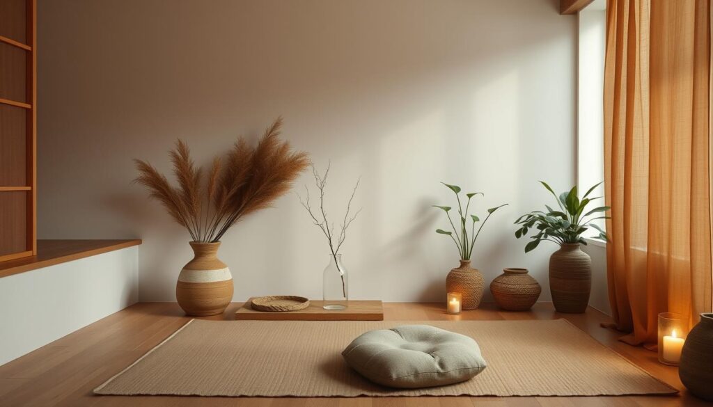 A serene room featuring a blend of Japanese minimalist design and bohemian elements, showcasing natural materials like wood and clay, soft textiles in earthy tones, and decorative accents that highlight imperfection