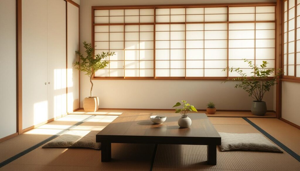 A serene Japanese interior featuring minimalist decor, soft natural lighting filtering through shoji screens, a low wooden table surrounded by tatami mats, delicate plants in simple ceramic pots, calming earth tones with splash