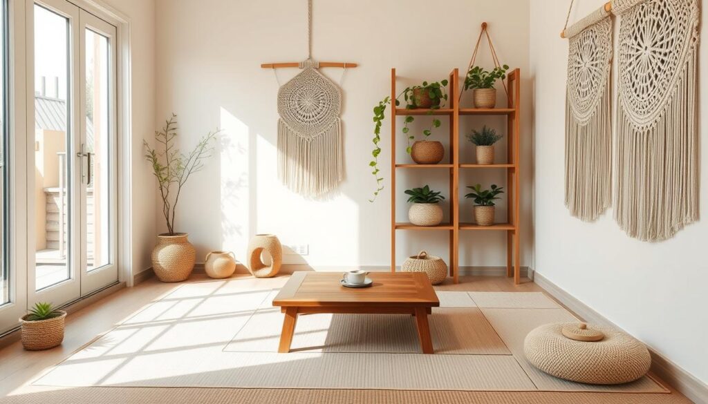 A serene small room with soft natural lighting, featuring a low wooden table adorned with a simple tea set, tatami mats on the floor, and minimalist wooden shelving with potted plants