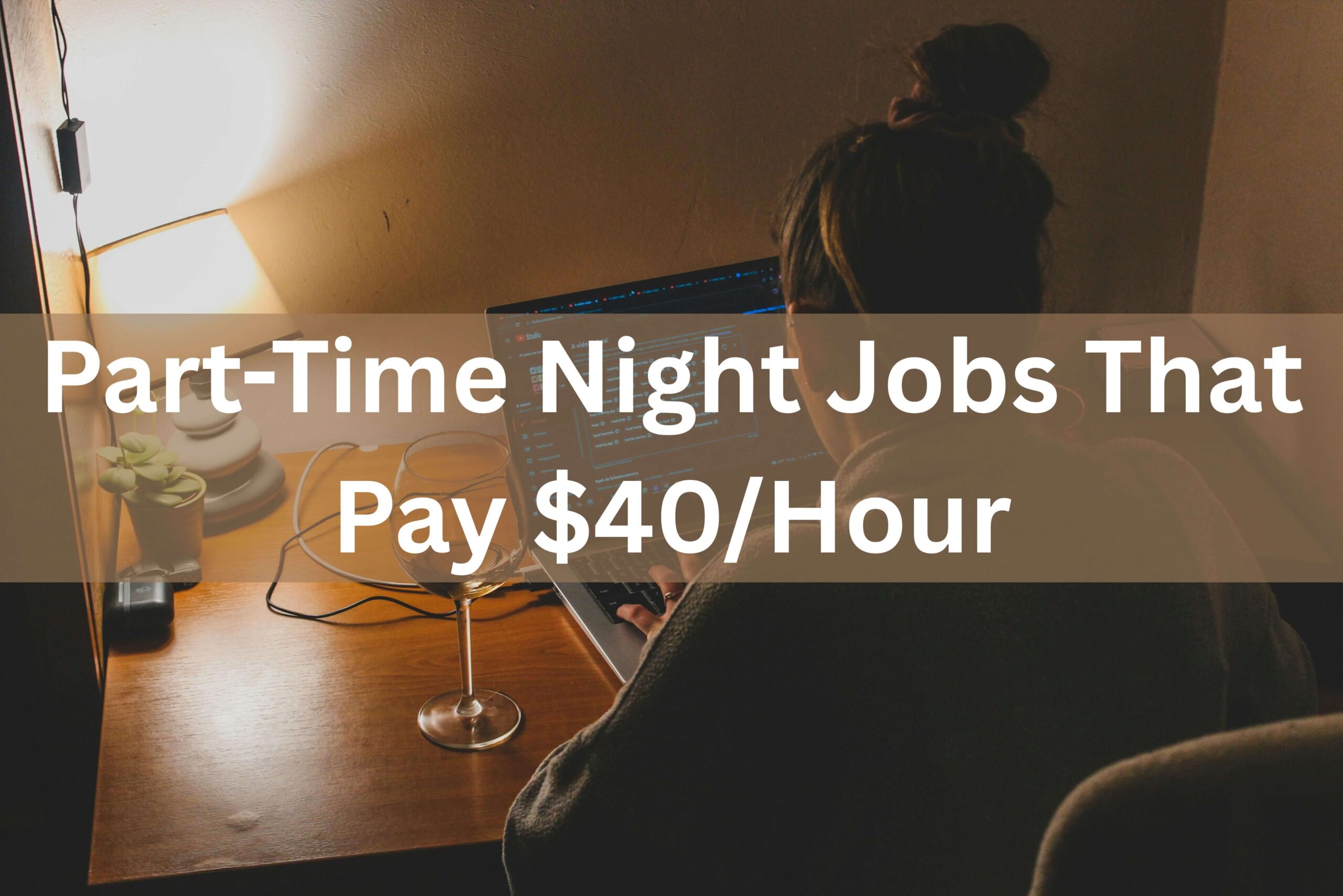 Person working late at night on a laptop at a desk with the text “Part-Time Night Jobs That Pay $40/Hour” displayed across the image.