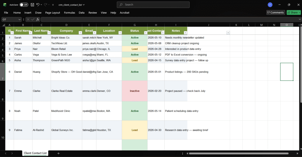 CRM client contact list spreadsheet showing data entry fields for name, company, email, phone and status