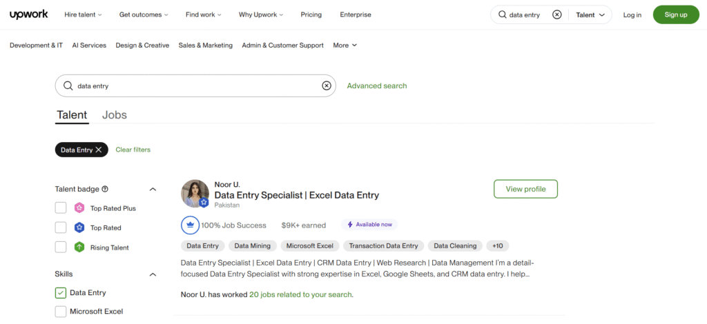 Upwork data entry job listings filtered by entry level and payment verified