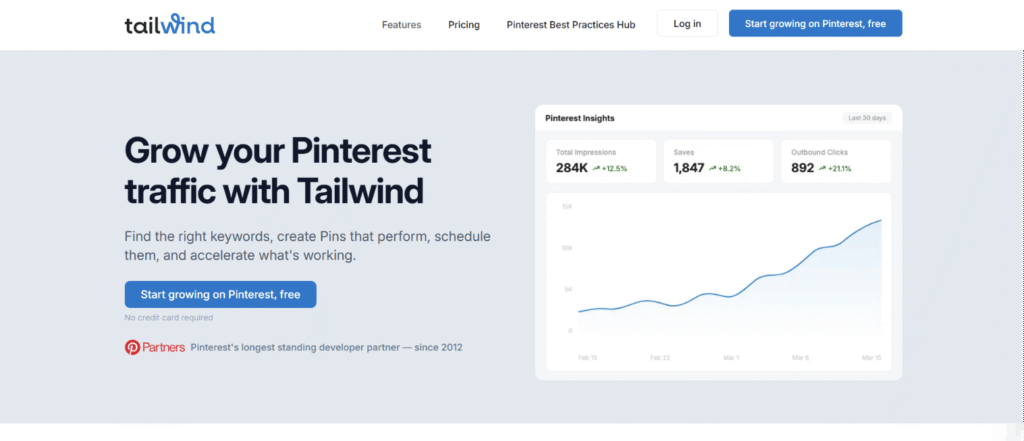 Tailwind homepage showing a Pinterest marketing tool for scheduling pins, finding keywords, and growing Pinterest traffic