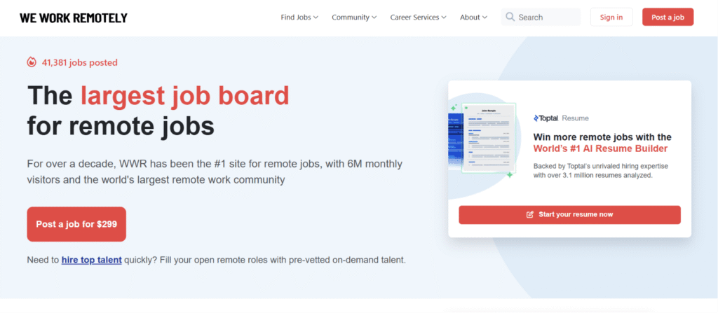 We Work Remotely homepage showing a remote job board with work from home job listings across multiple industries